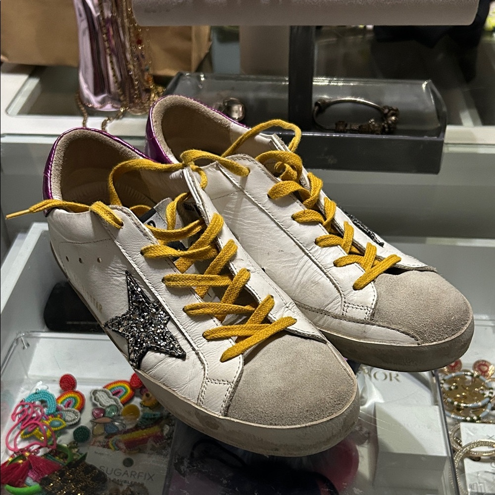 Golden Goose White Sneakers with Yellow Laces and Black Star